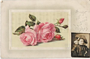 Hübsche Frauen selbstgemachte Postkarte mit Rose und Foto U um 1900 - Bild 1 von 2
