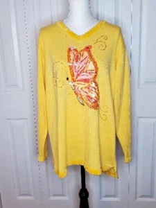 Quacker Factory Butterfly Sequins Yellow Long Sleeve Knit Sweater Womens Plus 1X - Picture 1 of 12