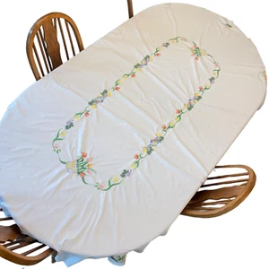 Easter Bunny Crewel Tablecloth Embroidered Tulip Chicks Eggs Basket Oval White - Picture 1 of 7