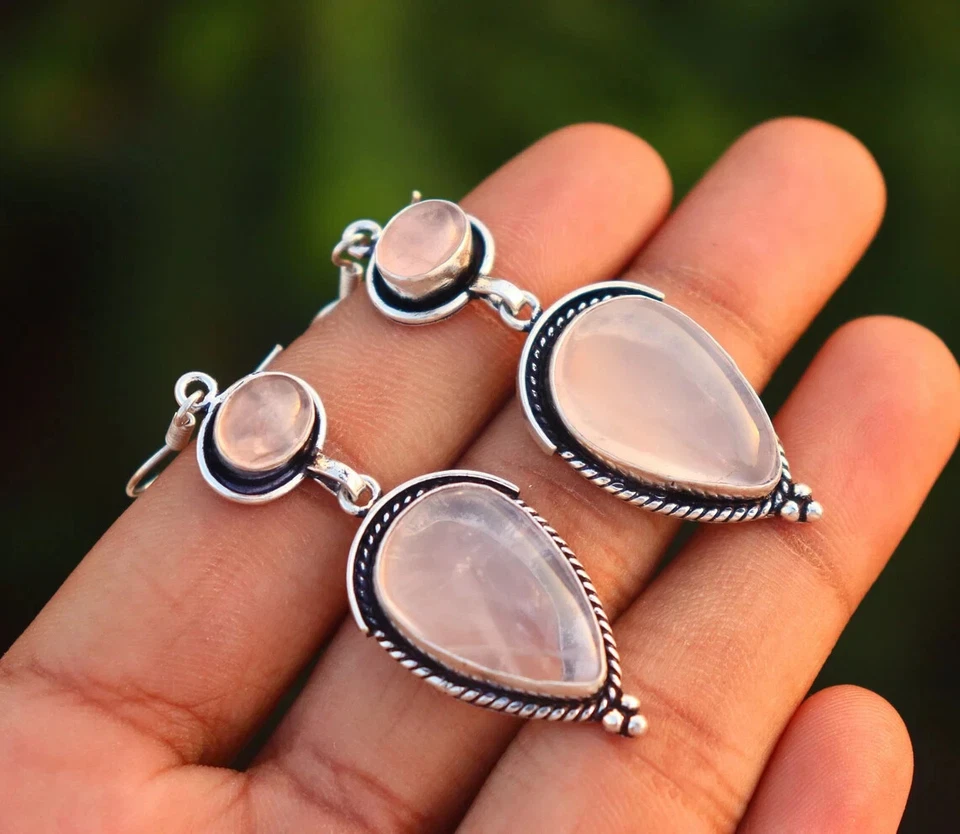 Christmas Rose Quartz Gemstone 925 Sterling Silver Handmade Earring Ag-118 - Image 1 of 4