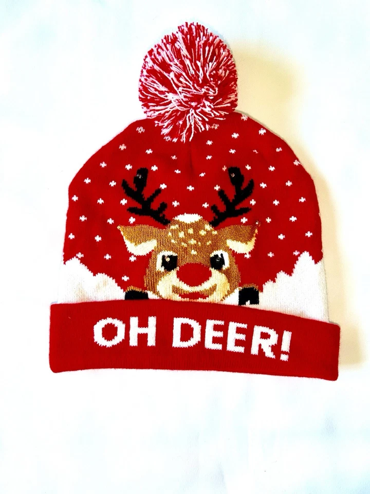 “OH DEER! Red Knit Christmas Hat - Warm, Reindeer & Snow Design, Pompom” - Image 1 of 2