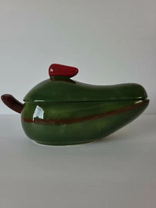 Vintage Salsa Dip Serving Dish Green Ceramic Chili Pepper Made in Mexico 9" x 5" - Picture 1 of 12
