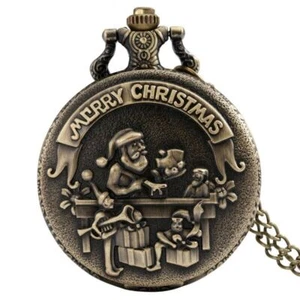 Vintage Pocket Watch Lot Merry Christmas Design Quartz Watches Necklace Chain - Foto 1 di 9