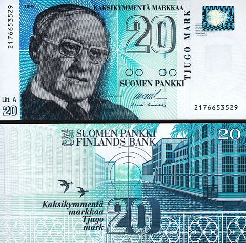 Finland 20 Markkaa 1993 (1997), UNC, P-123, Litt A Cover
