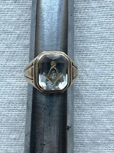 Anillos de piedra transparente masónicos de oro 10K vintage talla 8,5, 7,5 gramos - Imagen 1 de 6