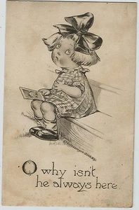 Künstler signierte Schlesinger Bros kleines Mädchen Schleife s/w Vintage Postkarte - Bild 1 von 2