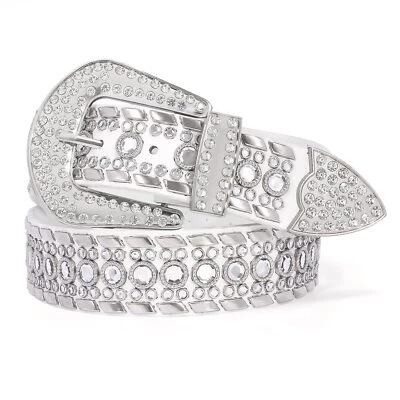 Cinturón de diamantes de imitación para hombres y mujeres Western Bling vaquero cinturón de cuero con tachuelas plateado brillante Foto 1 de 4