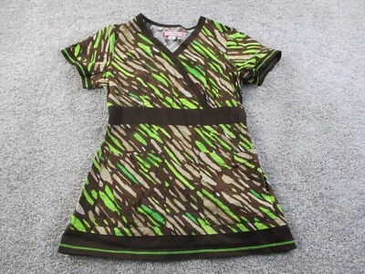 KOI Bridgette Scrub Top Small Brown Neon Green Beige Pattern Animal Print EUC - Image 1 of 4