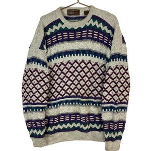 Vintage Fair Isle Striped Grandpa Sweater Crewneck Large 90s Made Usa White - Picture 1 of 4
