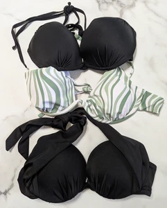 3 PUSH-UP ** BIKINI Oberteile - Größe Damen Medium / 32B SCHWARZ GRÜN Joe Boxer * H&M * - Bild 1 von 10