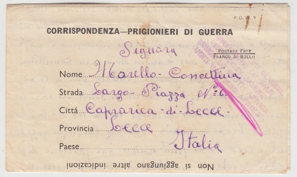 1946 ITALIAN PRISONER OF WAR in SOUTH AFRICA official entire to LECCE - Image 1 of 4