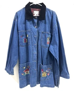 Vintage Long Denim Shirt Jacket Embroidered School House Pockets Teacher -2XL - Picture 1 of 14