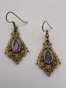 1928 Brand Gold Tone Purple Swirl Enamel Detailed Open Teardrop Dangle Earrings - Picture 1 of 5