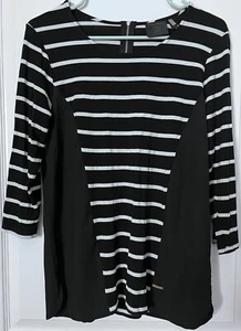Women's Striped SMALL Top 3/4 Sleeve Blouse Zip Up Black White - Picture 1 of 18