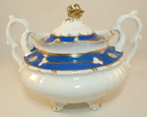 Antique Pattern 6125 Blue & White Gilded Lidded Sucrier Or Sugar Bowl Mid C19th - Picture 1 of 14