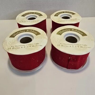 4 Christmas Ribbon Red / Gold Sparkle Velvet Cloth Ribbon 100 Ft. X 2-1/4" Craft - Image 1 of 4