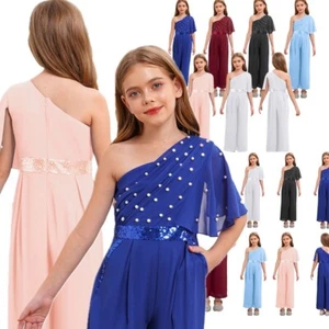 Girls Sequin Jumpsuit One Shoulder Sleeveless Chiffon Formal Romper Wedding - Picture 1 of 72