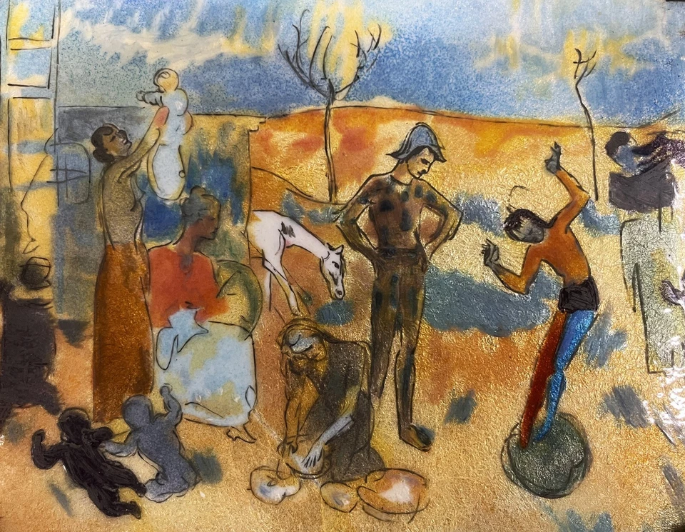 D'APRÈS PICASSO. FAMILLE ARLEQUIN. ÉMAIL CUIT À LA MAIN SUR CUIVRE. ESPAGNE. XX - Photo 1/1