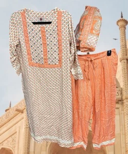 Nehamta women’s size XL kurta pant suit set orange beaded crochet lace trim New - Picture 1 of 16