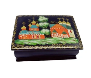 VTG Russian Lacquer Small Trinket Box Fairy Tale Folk Art Churches Signed - Picture 1 of 12