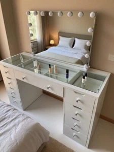 SkyTeck Large Dressing Makeup Table With LED Mirror + 9 Drawer Vanity Desk White - Picture 1 of 13