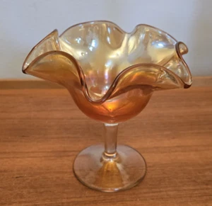 Vintage Carnival Glass Compote Marigold Top Clear Stem Ruffled Bowl - Picture 1 of 11