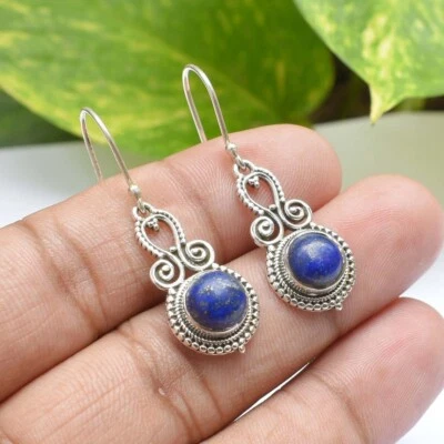 Blu Lapislazzuli Rotondo Gemma 925 Argento Sterling Gancio Orecchini Regalo Per - Immagine 1 di 4
