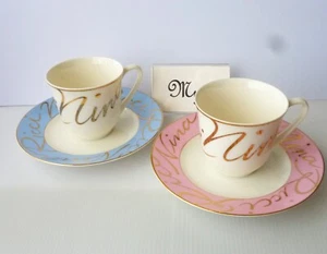 Set for 2, NINA RICCI Sango Maison Cup & Saucer Pair Set Japan Blue Pink