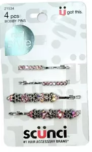 Scunci Real Style Faux Pink Jewel & Silver Bobby Pins, 4 Pc, #21534 NEW AS SHOWN - Picture 1 of 3