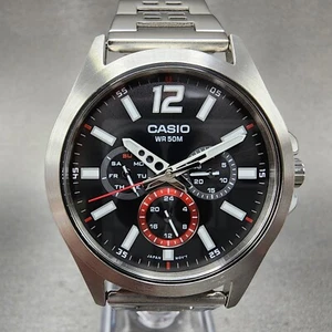 Casio MTP-E350 Watch Men 39mm Black Dial Steel Daydate Round Metal Bracelet 50M - Picture 1 of 10