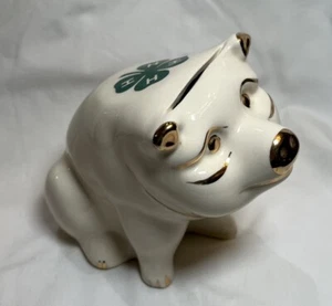 Vintage Porcelain Piggy Bank Mid Century Style 4 Leaf Clover Ivory Gold 4-H Club - Picture 1 of 7