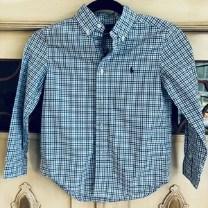 EUC Polo Ralph Lauren Boys Plaid Cotton Poplin Shirt Navy Pony | Size 7 - Picture 1 of 7