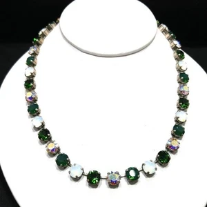 Sabika Style Necklace, Emerald Green Opal Crystals Rhinestones, Silver Tone, 20" - Picture 1 of 9