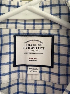 Charles Tyrwhitt NO IRON SLIM FIT Mens 14.5 37 White Blue Windowpane Dress Shirt - Picture 1 of 5