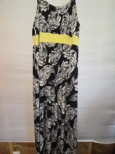 Cato Woman 18/20W Sundress Black White Leaf Print Yellow Waistband Maxi Dress - Picture 1 of 13