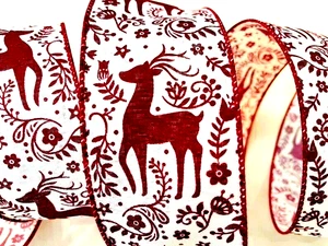 Christmas Winter 2.5" by 5 yard Wired Ribbon Rustic Red Deer on Ivory Linen - Picture 1 of 4