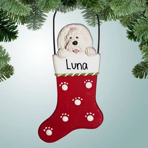 Maltese in Stocking - Dog - New Puppy - Pet - Personalized Ornament - Picture 1 of 1