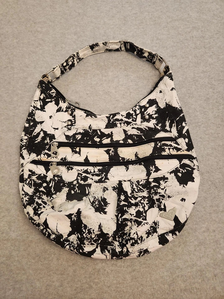Bolso de Hombro Roxy Hobo Mujer Talla Única Negro Blanco Floral Algodón Cremallera Y2K Foto 1 de 4