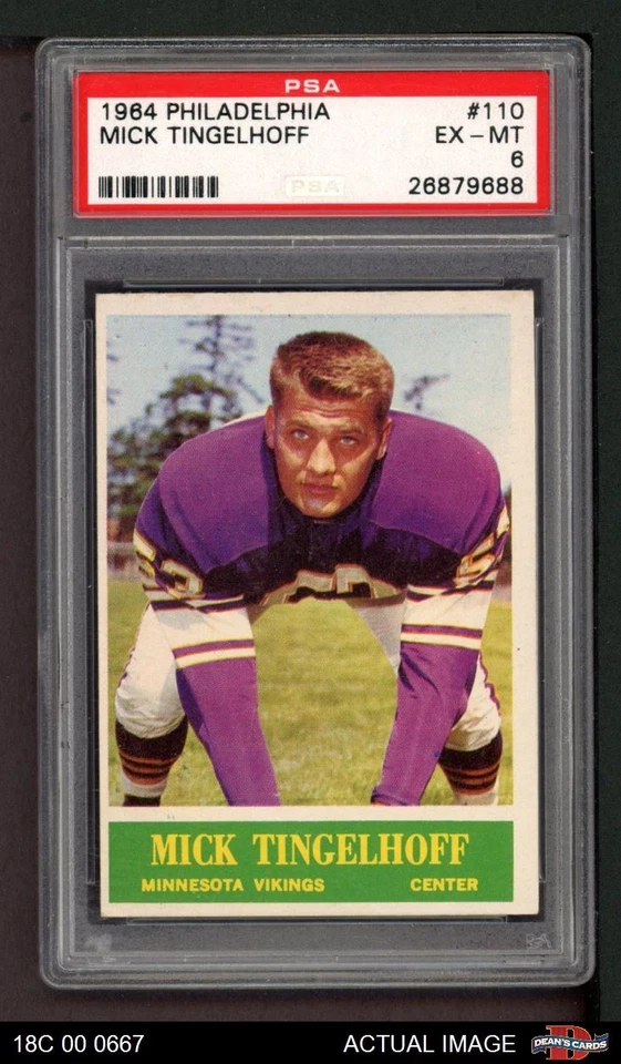 1964 Philadelphia #110 Mick Tingelhoff Vikings RC HOF Nebraska PSA 6 - EX/MT - Image 1 of 1