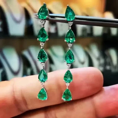 7.90Ct Pear Cut Lab Created Green Emerald Drop Earrings 14K White Gold Plated - Image 1 of 4