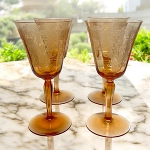 Vintage 1920/30s Fostoria Vesper Amber Etched Glass Water Goblets Glasses 7-1/4" - Picture 1 of 10