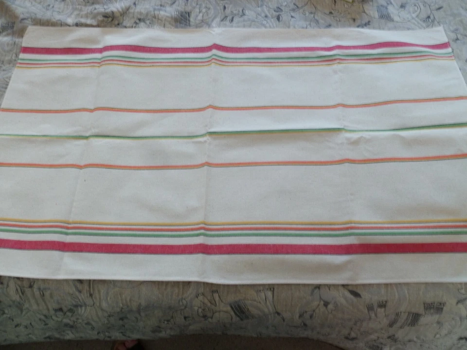 ANCIEN TORCHON VINTAGE EN LIN A RAYURES ROUGES VERTES JAUNES ORANGES NEUF - Photo 1/1