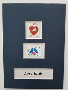 MATTED 5X7  2 UNUSED U.S. POSTAGE STAMPS FOR LOVE, LOVE BIRDS - Picture 1 of 1