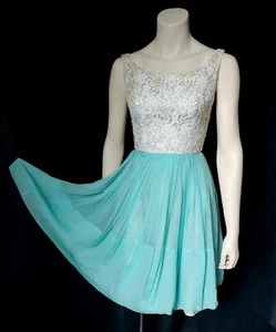 AQUA & IVORY SEQUIN LACE & CHIFFON vintage 1950s PARTY COCKTAIL DRESS - S / XS - Picture 1 of 11