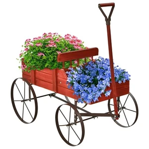 Wooden Wagon Flower Planter Pot Stand Bed W/Wheel Home Garden Yard Outdoor Decor - Picture 1 of 12