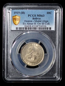 PCGS MS63 1919 BOLIVIA 10 centavos Heaton Mint Ex. Almer H. Orr III Collection - Picture 1 of 4