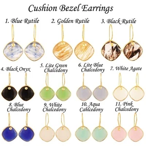 Colorful Chalcedony Bezel Earring Gold Plated Cushion Shape Drop Hook Earrings - Picture 1 of 23