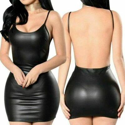 Women Sexy Black Faux Leather Backless Club Party Short Bodycon Mini Dress - Image 1 of 4