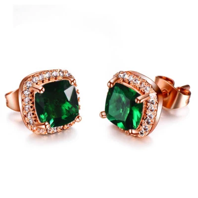 Elegant Jewelry Gift Square Green Topaz Gems Rose Gold Plated Stud Earrings - Image 1 of 4