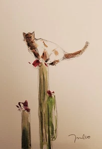 JOSE TRUJILLO Watercolor Painting Collectible ORIGINAL Cat Saguaro Cactus - Picture 1 of 8